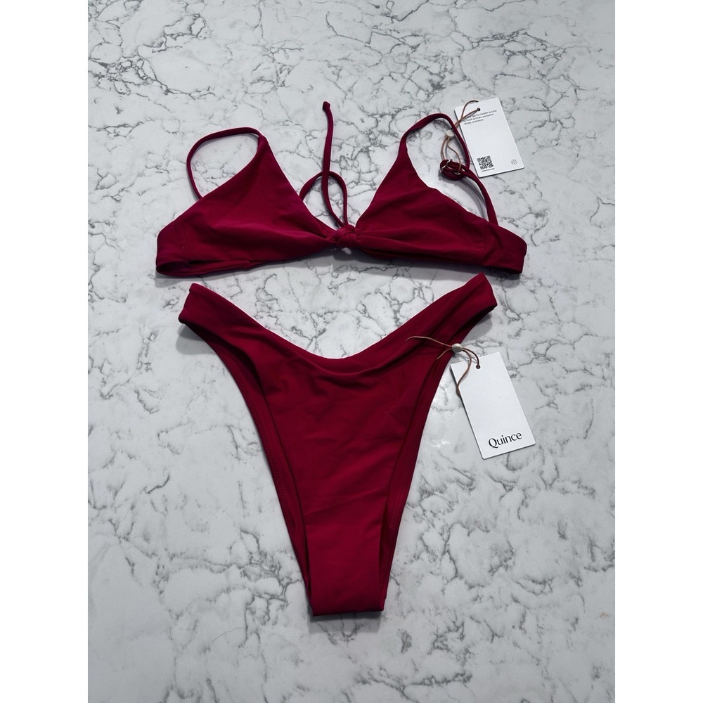 NWT Quince Cherry Red Knot Tie Bikini Top & High Leg Bottom Set Size XS